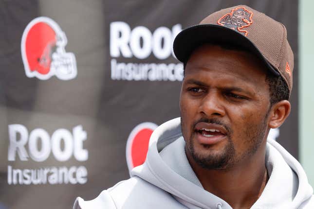 Cleveland Browns quarterback Deshaun Watson answers a question after practice at the NFL football team’s practice facility Tuesday, June 14, 2022, in Berea, Ohio.