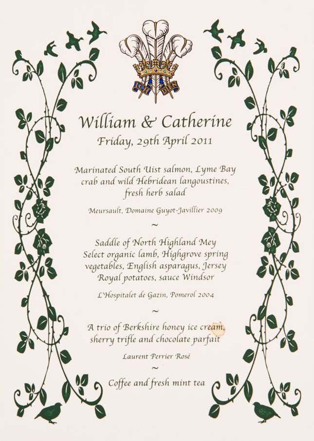 A breakfast menu from Prince William and Kate Middleton's wedding sold at auction for more than £800.