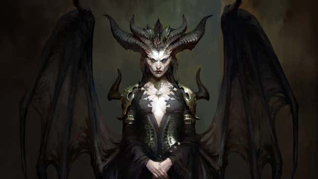 Diablo IV's main antagonist, Queen Succubi Lilith, is standing with her hands held together.