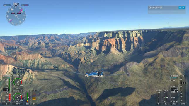 a plane flying over the grand canyon in microsoft flight sim