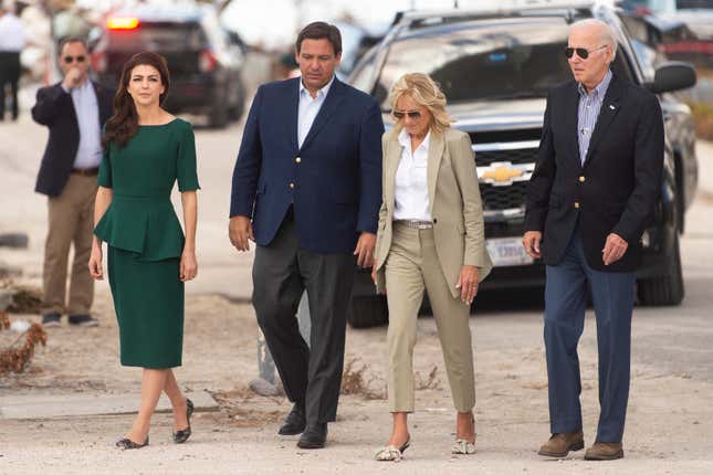 Florida's first lady Casey DeSantis, Gov. Ron DeSantis, first lady Jill Biden and President Joe Biden arrive at Fort Myers Beach, Fla., Wednesday, Oct. 5, 2022, to survey the damage caused by Hurricane Ian.