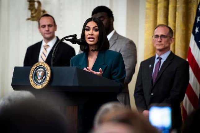WASHINGTON, DC - JUNE 13 : Kim Kardashian speaks with President Donald J. Trump at an event on promoting second chance hiring to ensure Americans have opportunities to succeed after leaving prison in the East Room at the White House on Thursday, June 13, 2019 in Washington, DC. (