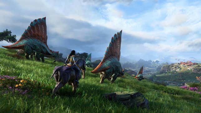 dinosaur creatures roam a plain in avatar frontiers of pandora