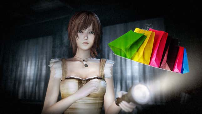 Fatal Frame character Ruka searches in the dark with a flashlight to find colorful shopping bags.