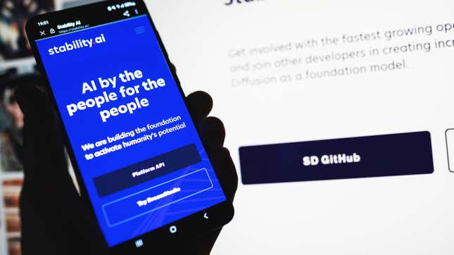 Stability AI web page on phone screen. Stable Diffusion is a deep learning, a text-to-image generative Artificial Intelligence model.