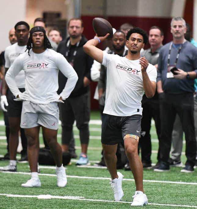 Bryce Young throws during Alabama&#39;s pro day. Carolina Panthers head coach Frank Reich and his assistants look on.

Syndication Tuscaloosa News