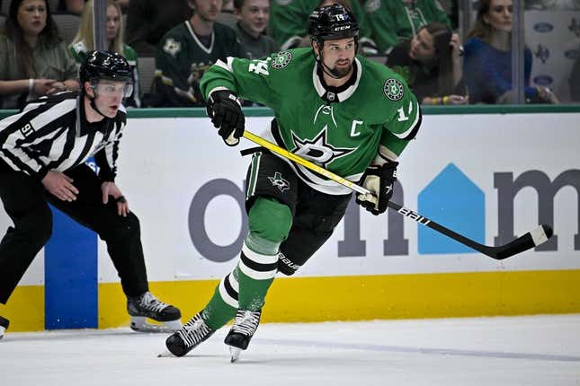 Mar 6, 2023; Dallas, Texas, USA; Dallas Stars left wing Jamie Benn (14) skates against the Calgary Flames during the third period at the American Airlines Center.