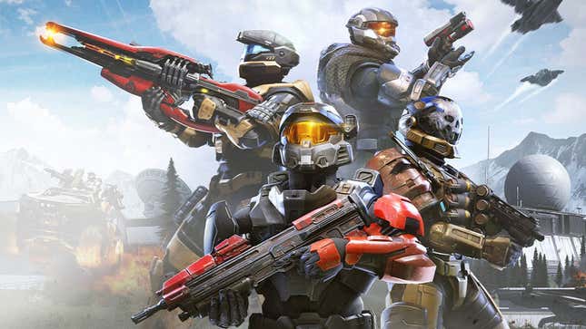 A group of Spartans from the Halo series stand back-to-back. 