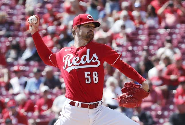 April 19, 2023;  Cincinnati, Ohio, USA;  Cincinnati Reds starting pitcher Levi Stoudt (58) throws out during the first inning against the Tampa Bay Rays at Great American Ball Park.