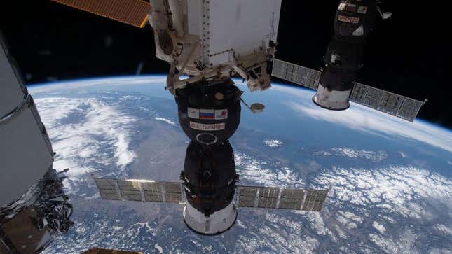 The Soyuz MS-18 spacecraft docked to the ISS. 