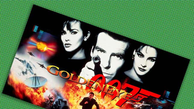 An image shows the box art for Goldeneye 007 partially knocked over on a green background.