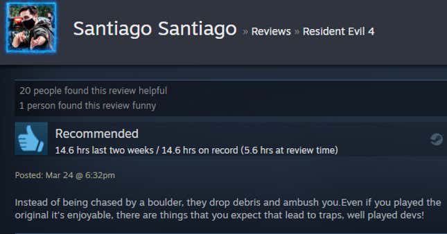 A screenshot of a Steam user text review for the game Resident Evil 4.