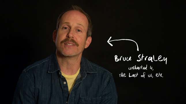 Bruce Straley is seen against a black backdrop with a white arrow pointing to him and text that reads "Bruce Straley Uncharted 4, The Last of Us, etc."