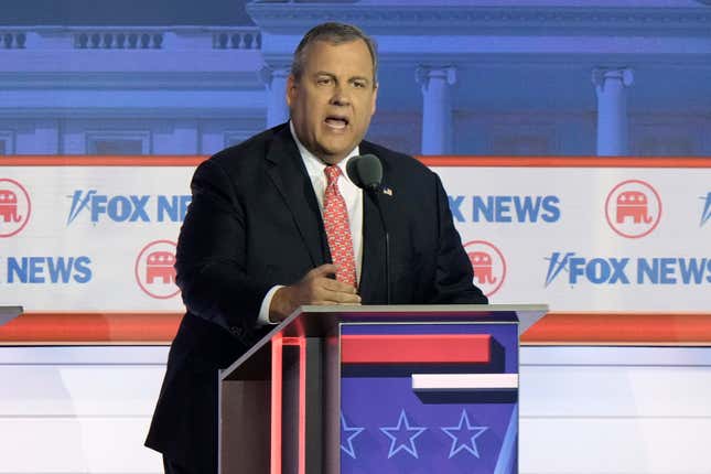 Former New Jersey Governor Chris Christie speaks during a Republican presidential primary debate hosted by FOX News Channel on August 23, 2023, in Milwaukee.
