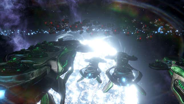 A fleet of ships pushes forward into deep space.