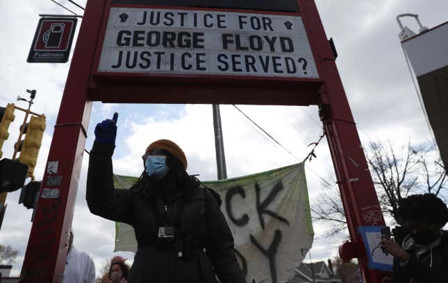 A person reacts after the verdict in the trial of former Minneapolis police officer Derek Chauvin, found guilty of the death of George Floyd, at George Floyd Square in Minneapolis, Minnesota, U.S