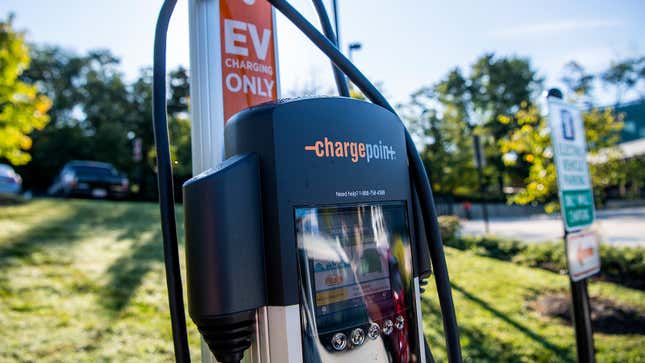 A ChargePoint station is seen during an event to promote the importance of electric vehicles' role in combating climate change as part the Build Back Better Agenda at the New Carrollton Branch Library in New Carrollton, Md., on Monday, September 20, 2021.