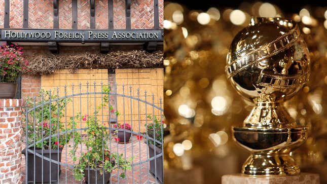A general view of the Hollywood Foreign Press Association (HFPA) who organizes the Golden Globes is seen on May 11, 2021; In this Jan.. 6, 2009, file photo, Golden Globe statuettes are seen during a news conference in Beverly Hills, Calif.