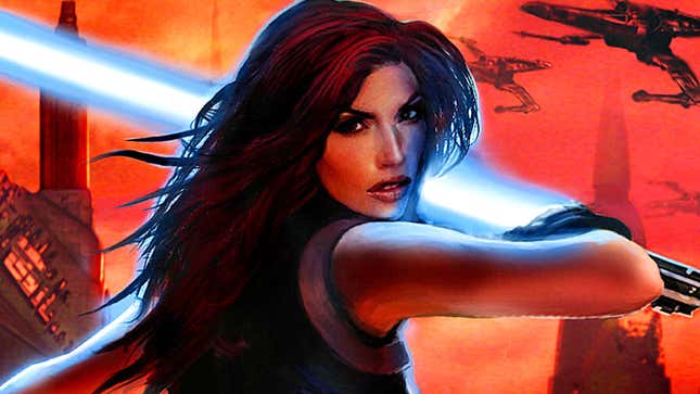 An image shows Mara Jade with a blue lightsaber. 