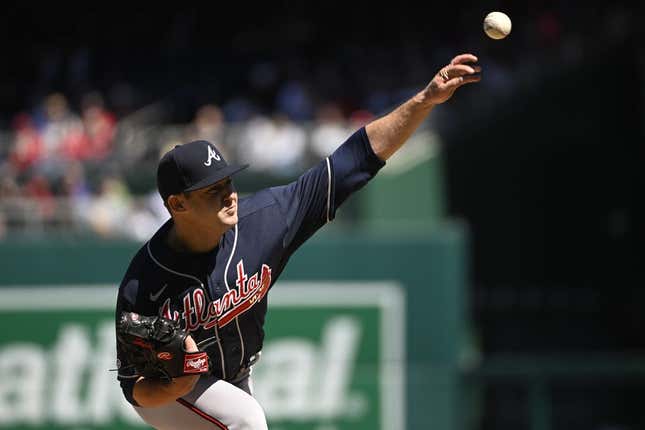 Apr 2, 2023; Washington, District of Columbia, USA; Atlanta Braves starting pitcher Jared Shuster (45) throws to the Washington Nationals during the first inning at Nationals Park.
