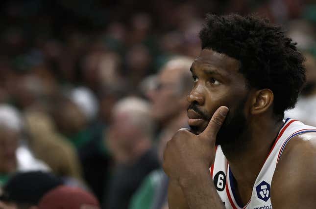 May 14, 2023; Boston, Massachusetts, USA; Philadelphia 76ers center Joel Embiid (21) sits on the bench during the final moments of their loss to the Boston Celtics in game seven of the 2023 NBA playoffs at TD Garden.