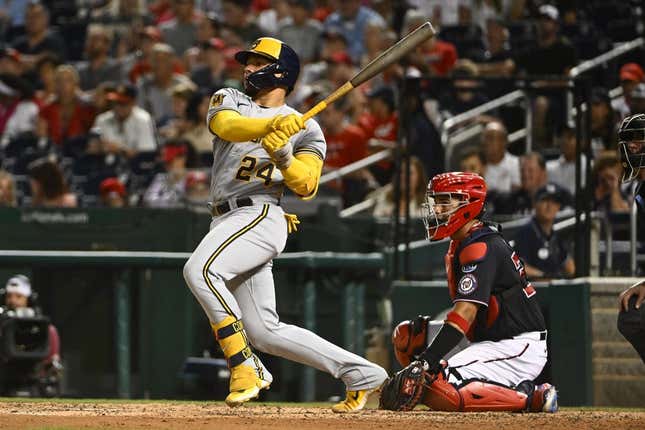 Aug 1, 2023; Washington, District of Columbia, USA; Milwaukee Brewers catcher William Contreras (24) hits a RBI double against the Washington Nationals during the seventh inning at Nationals Park.