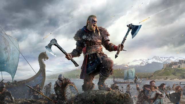 A viking warrior screams in battle while carrying two large axes. 