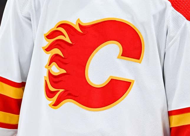 December 12, 2022;  Montreal, Quebec, CAN;  An image of the Calgary Flames logo on a jersey worn by a member of the team during the second period at the Bell Centre.
