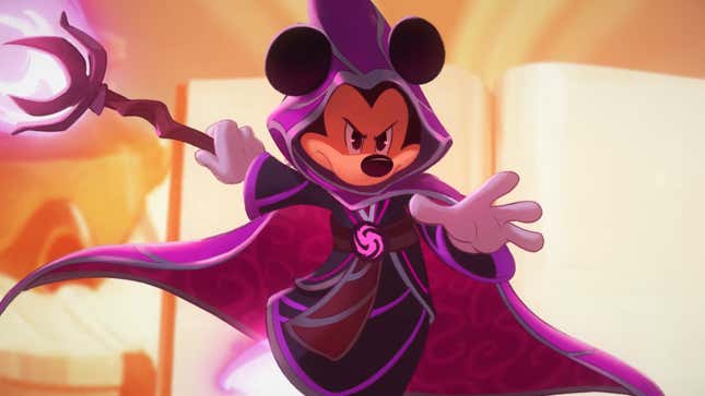 A Disney Lorcana trailer screenshot shows Mickey Mouse in a wizard cloak. 