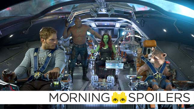 Star-Lord, Drax, Gamora, Baby Groot, and Rocket sit in the bridge of the Benatar in Guardians of the Galaxy Vol. 2.