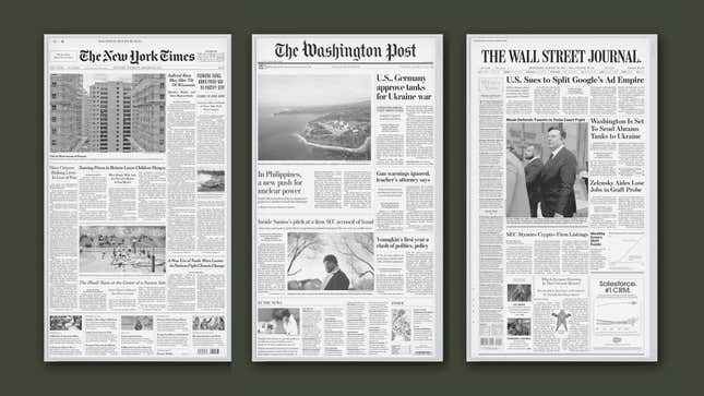 Several images of a 32-inch E Ink screen displaying the front pages from newspapers including The New York Times, The Wall Street Journal, and The Washington Post