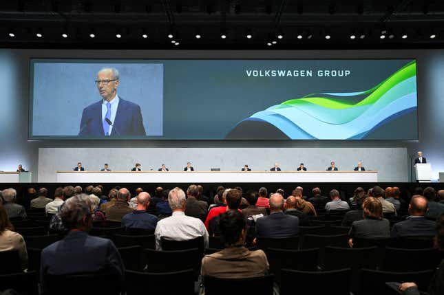 Volkswagen supervisory board Chairman Hans Dieter Poetsch addressing the annual shareholders meeting.
