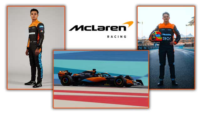 A collage of images of Lando Norris, Oscar Piastri and the 2023 McLaren F1 car. 