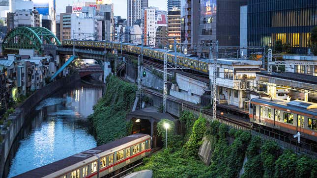 Trains crossing bridges in Japan