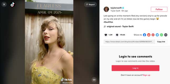 Image for article titled Taylor Swift Is Now on TikTok, and, Like Me, Seems Unsure of What To Do There
