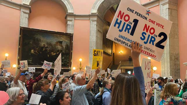Supporters and opponents of a GOP-backed measure that would make it harder to amend the Ohio constitution packed the statehouse rotunda on May 10, 2023, in Columbus, Ohio.