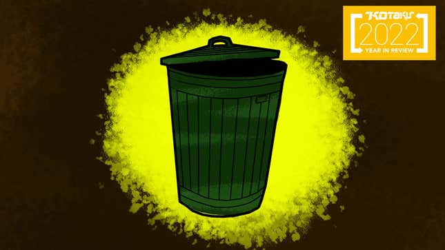 A green cartoon trash can sits on a yellow and brown background.