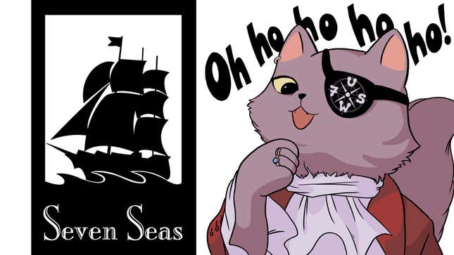 An image of Seven Seas Entertainment's logo of a black sail boat alongside United Workers of Seven Seas' sticker of a cat wearing an eyepatch. 