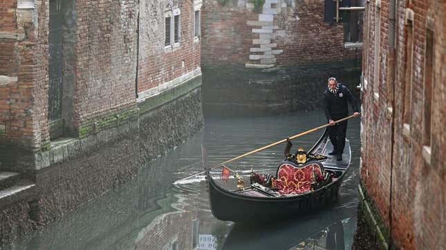 A gondola on a Venice canal, near Rialto bridge, on January 29, 2022. 
