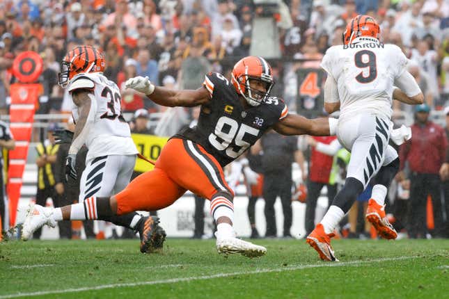 Cleveland Browns defensive end Myles Garrett (95) sacks Cincinnati Bengals quarterback Joe Burrow (9) during an NFL football game, Sunday, Sep. 10, 2023, in Cleveland.