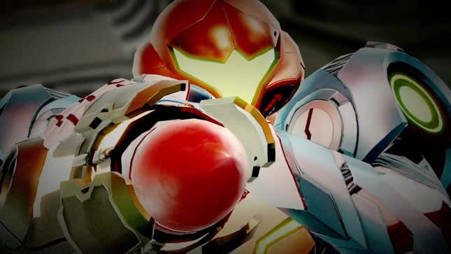 Metroid Dread's Samus, in a colorful new suit, aiming a rocket at your face