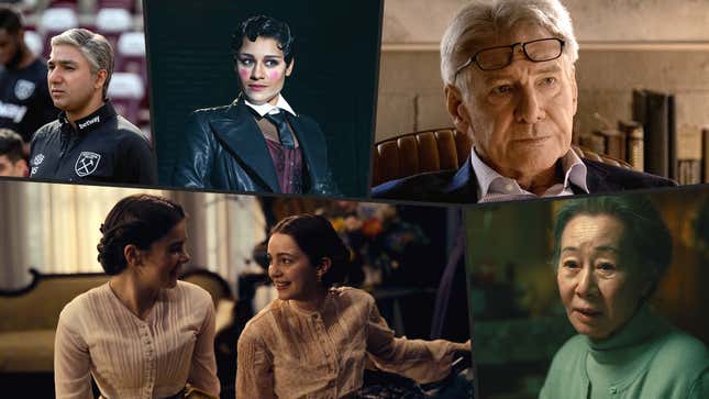 Clockwise from bottom left: Hailee Steinfeld and Ella Hunt in Dickinson, Nick Mohammed in Ted Lasso, Ariana DeBose in Schmigadoon!, Harrison Ford in Shrinking, Youn Yuh-jung in Pachinko (Photos: Apple TV+)