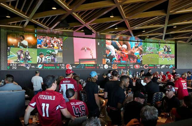 Sep 11, 2022; Glendale, Arizona, USA; The BetMGM Sportsbook opened for business during the season opener between the Kansas City Chiefs and the Arizona Cardinals on the Great Lawn outside of State Farm Stadium.