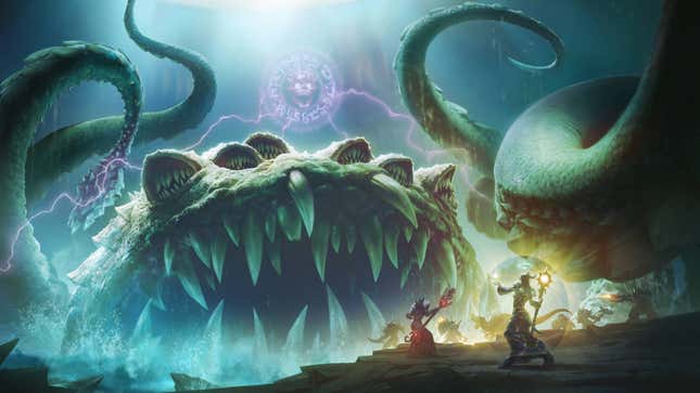 A multi-mouthed sea monster fights against three heroes in art for World of Warcraft.