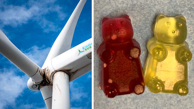 Photos of a rusty wind turbine and gummy bears
