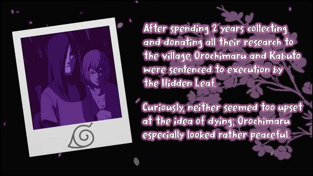 Screenshot of the epilogue of The Ocean Cut reveals the fate of Orochimaru and Kabuto.
