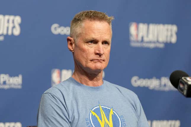 May 8, 2023; Los Angeles, California, USA; Golden State Warriors coach Steve Kerr at a press conference during game four of the 2023 NBA playoffs at Crypto.com Arena.