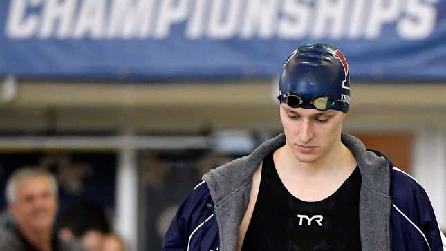 Lia Thomas walks behind the blocks for the Women’s 500-yard freestyle during the 2022 NCAA Division I Women’s Swimming &amp; Diving Championship. 