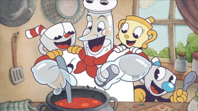 A group of cartoon characters helps a cartoon chef cook a red-colored soup. 