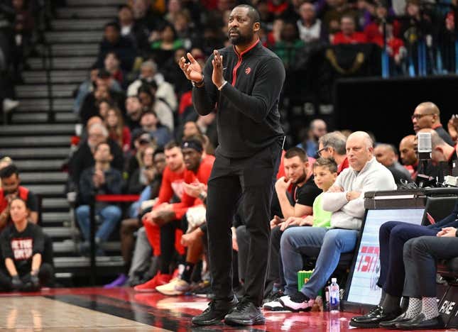 February 12, 2023;  Toronto, Ontario, CAN;  Toronto Raptors head coach Adrian Griffin applauds his players during the first half against the Detroit Pistons at Scotiabank Arena.